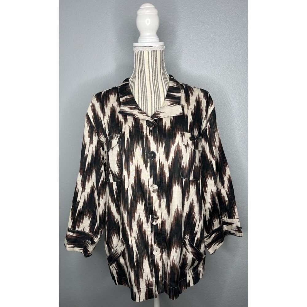 Chicos 100% Linen Blouse Sz 3(16) Womens Extra Large Black Brown Ikat